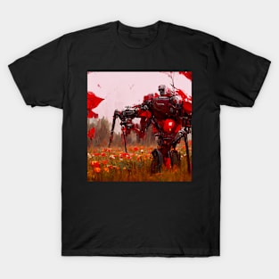 Mech Robot Walking Through A Field of Blood Red Poppies T-Shirt